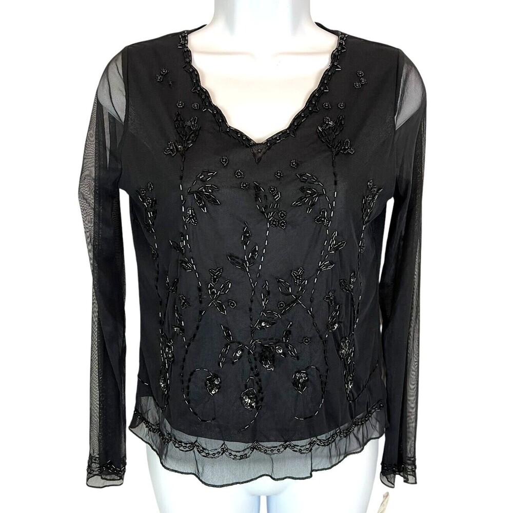 Emma James Beaded Black Sheer Top  PS  NWT  Lined Long Sleeve Blouse  Whimsygoth
